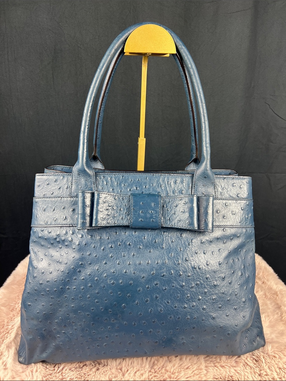 Kate Spade Charm City Diehl Ostrich Embossed Leather Bow Tote French Navy - EUC
